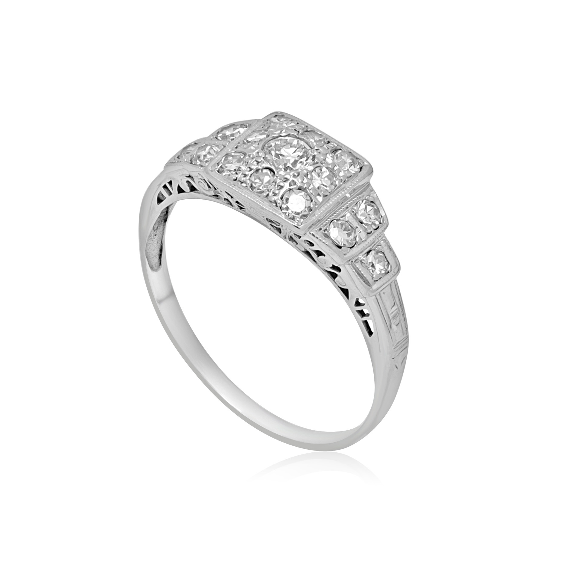 An Art Deco square diamond set cluster ring with Odeon style diamond shoulders in 14ct white gold.