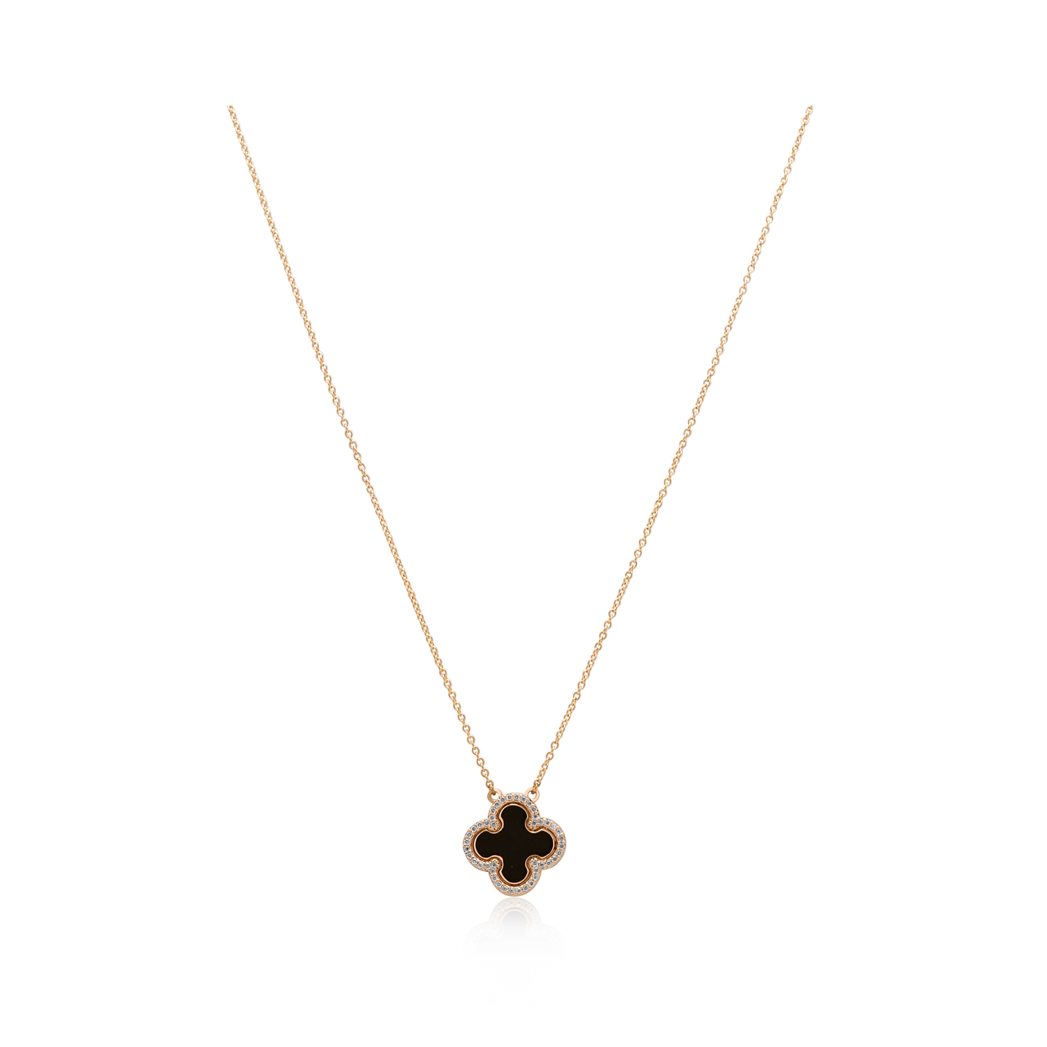 18ct Yellow Gold Onyx & Diamond Clover Pendant & Chain: 0.23 carats An 18ct yellow gold onyx and diamond clover pendant and chain with diamonds set to the outer edge of the clover.