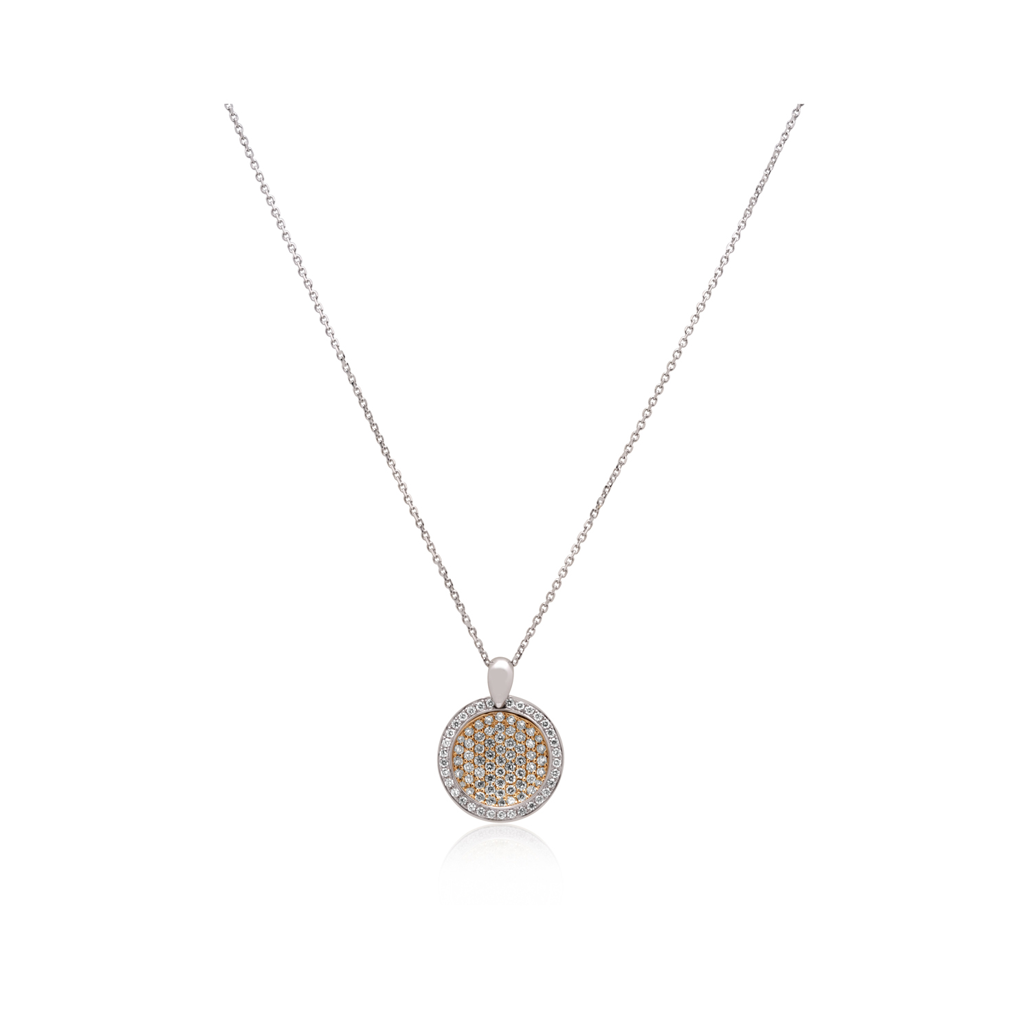 18ct White & Yellow Gold Diamond Disc Pendant & Chain An 18ct white and yellow gold diamond set disc with a white gold circular surround and a central yellow gold disc.