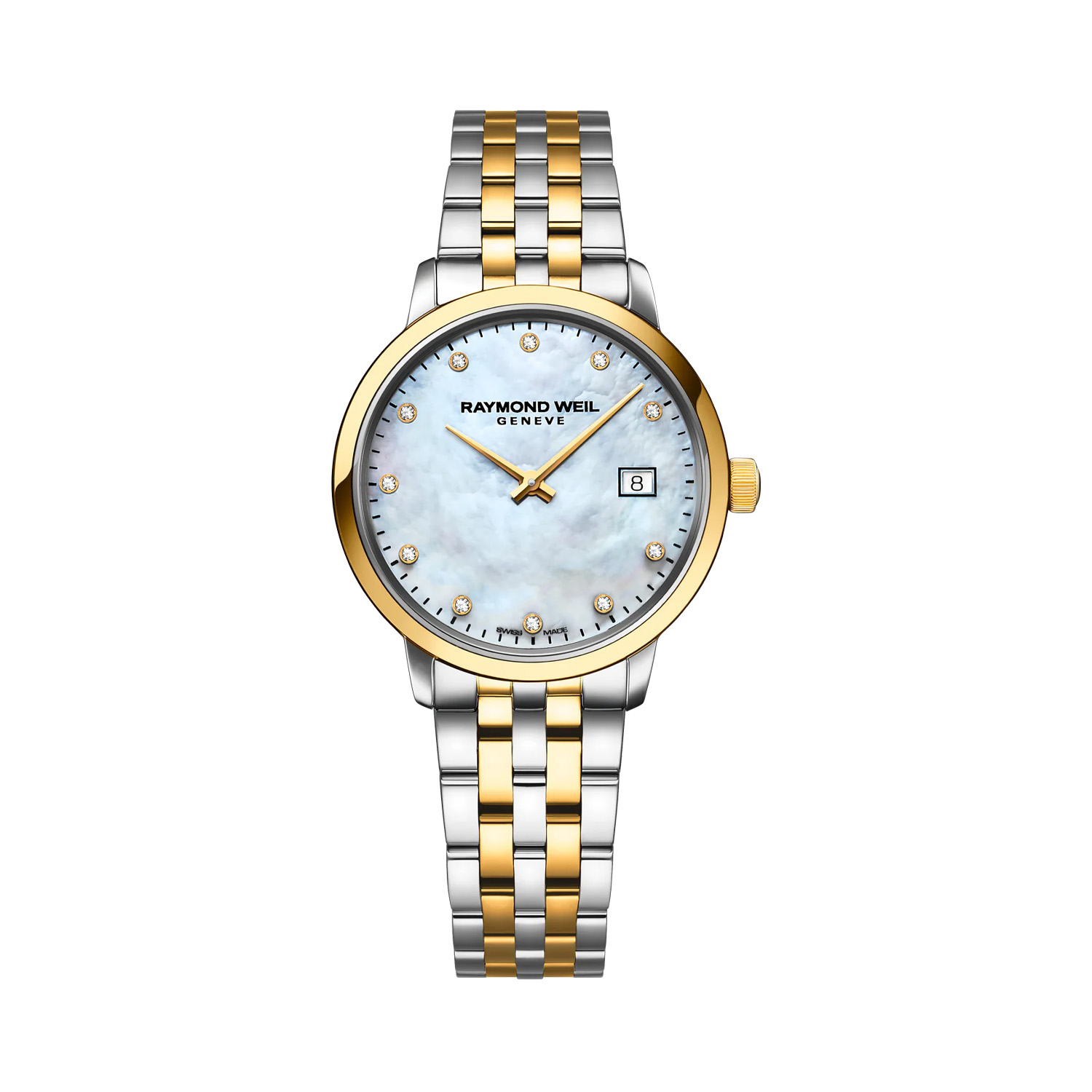 Raymond Weil, Toccata Two Tone Mother of Pearl & Diamond, Quartz Women's Watch Raymond Weil, Toccata with a 29mm stainless steel and yellow gold PVD coated case and bracelet strap featuring a date function and a diamond set mother of pearl dial.