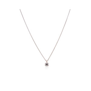 An 18ct white gold four claw diamond set single stone pendant and chain.