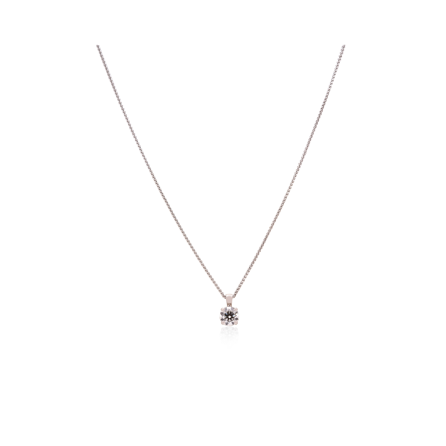 18ct White Gold Single Stone Diamond Pendant & Chain: 1.00 carat An 18ct white gold four claw diamond set single stone pendant and chain.