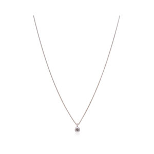 An 18ct white gold four claw diamond set single stone pendant and chain.