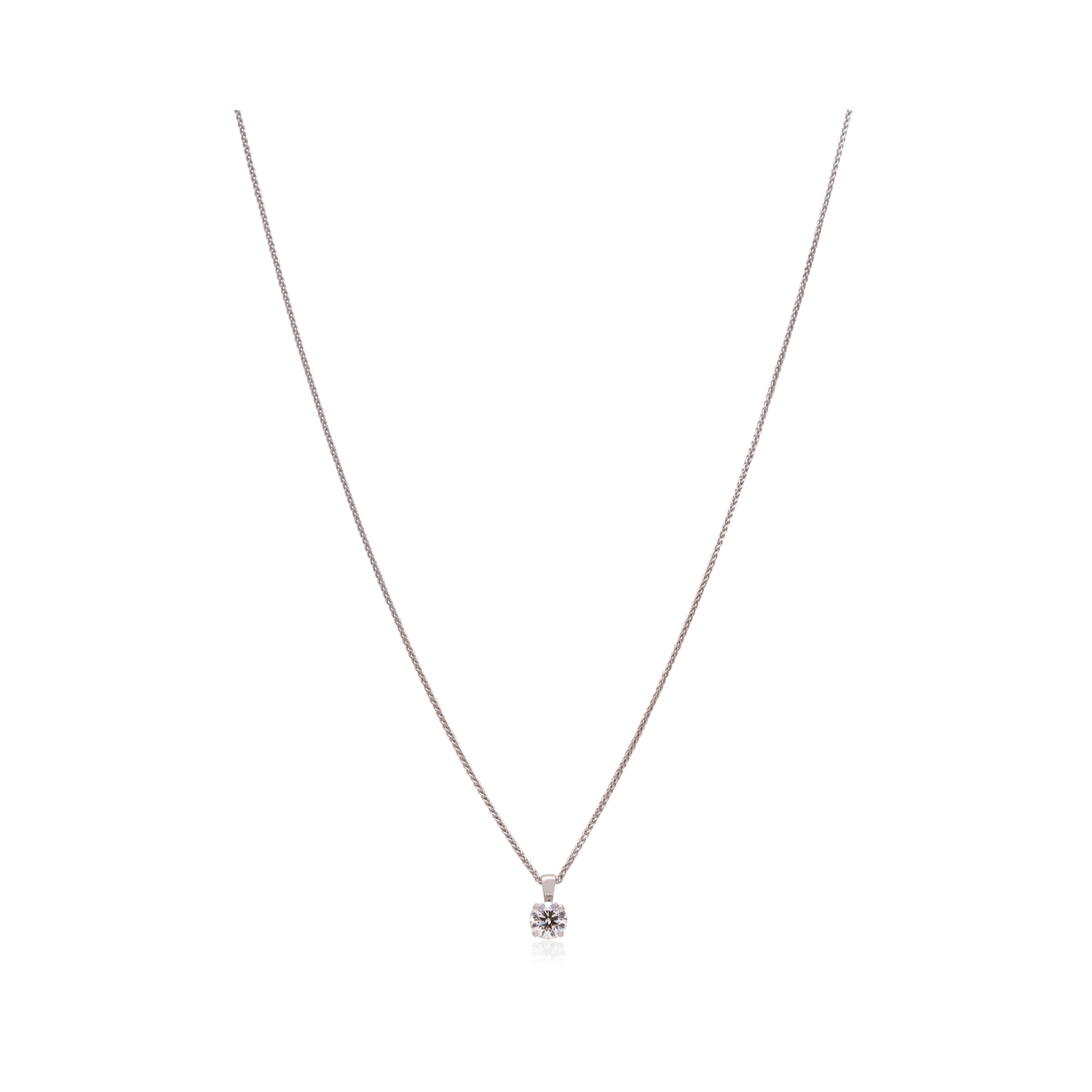 An 18ct white gold four claw diamond set single stone pendant and chain.