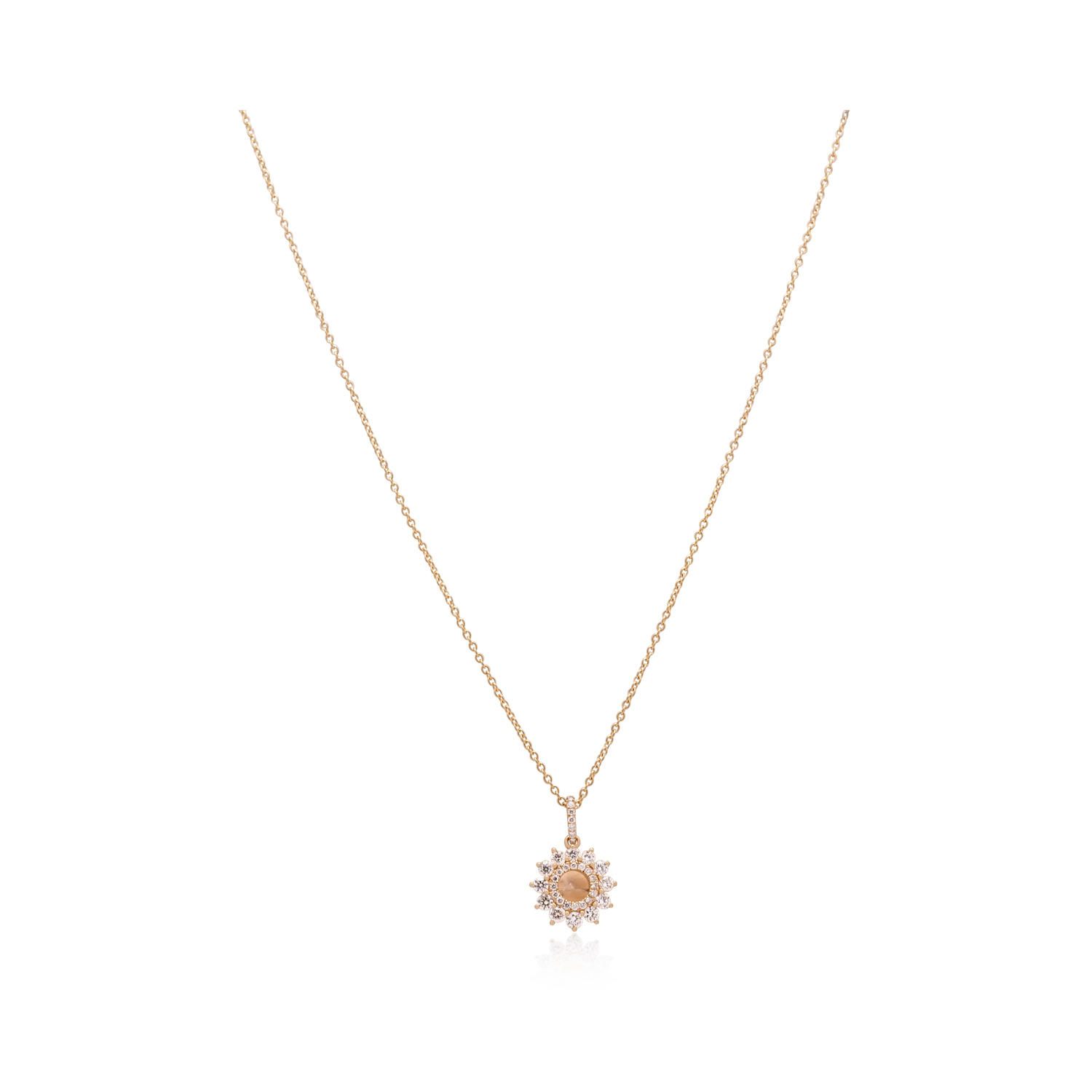 An 18ct yellow gold diamond set circular flower pendant and chain.