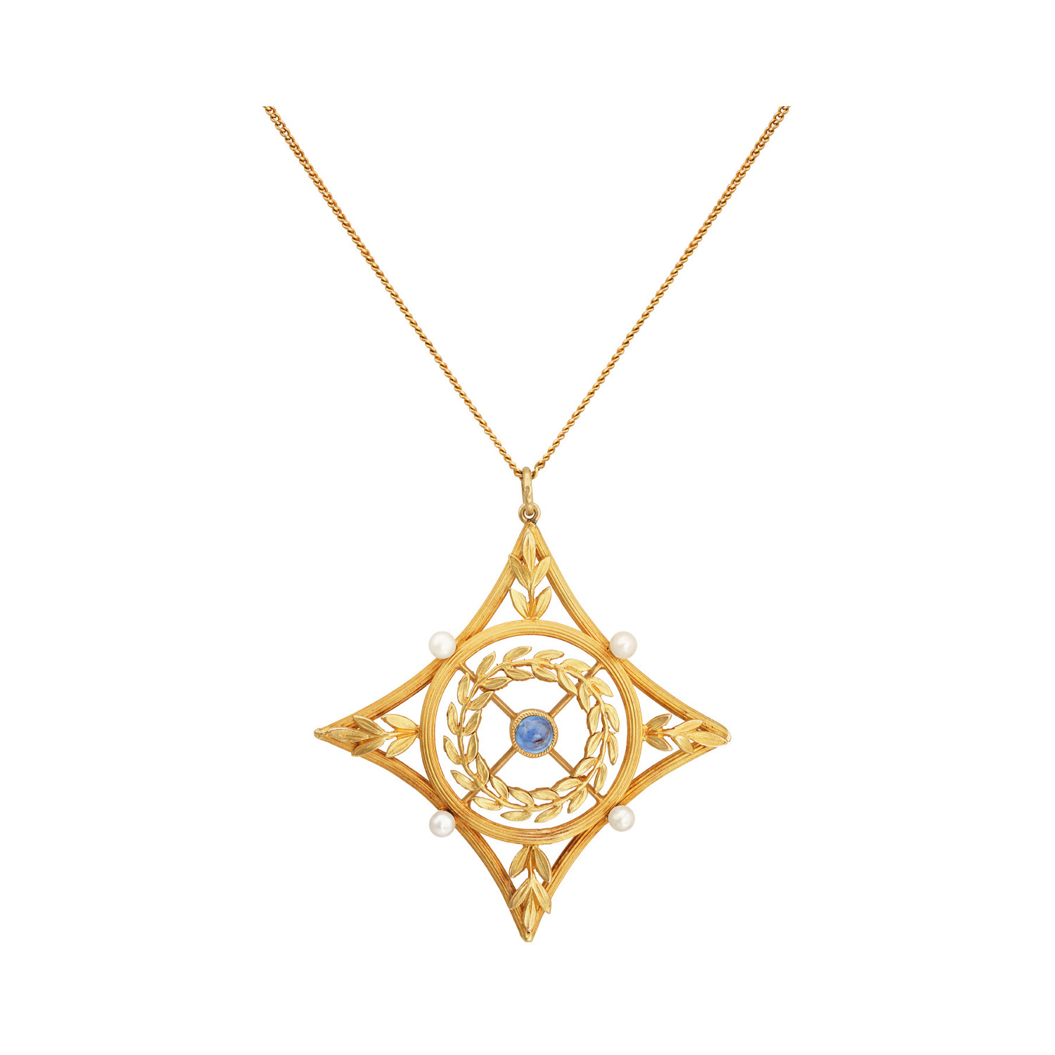 An Edwardian 18ct yellow gold neo-classical cabachon sapphire and natural pearl laurel leaf decoarted lozenge shaped pendant and chain.