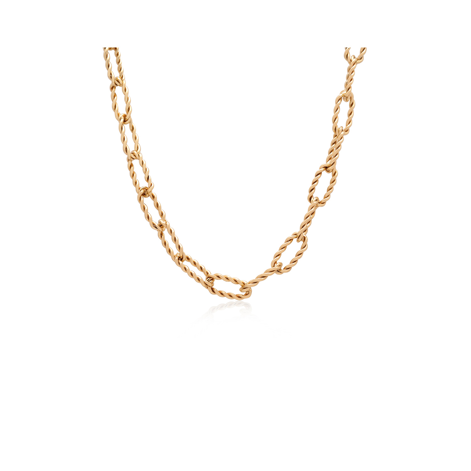 A 9ct yellow gold necklace with oval shaped, twisted rope style links.