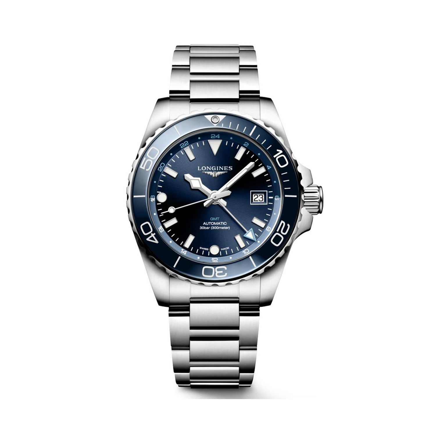 Longines, HydroConquest GMT with a 41mm stainless steel case and bracelet strap featuring a date function with a blue dial and ceramic bezel.