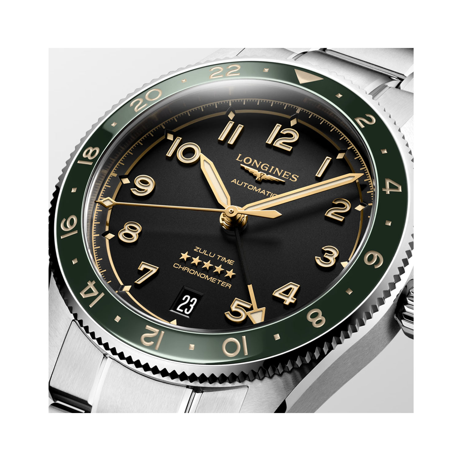 Longines, Spirit Zulu Time with a 39mm stainless steel case and bracelet strap featuring an anthracite dial and a green ceramic bezel.