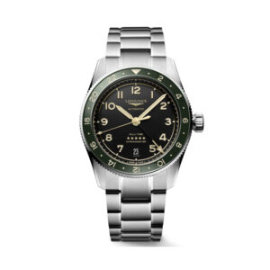 Longines, Spirit Zulu Time with a 39mm stainless steel case and bracelet strap featuring an anthracite dial and a green ceramic bezel.