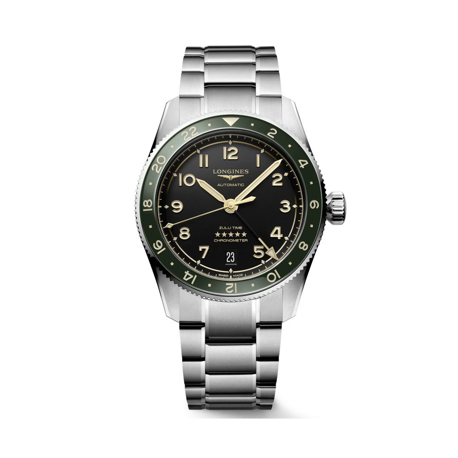 Longines, Spirit Zulu Time with a 39mm stainless steel case and bracelet strap featuring an anthracite dial and a green ceramic bezel.