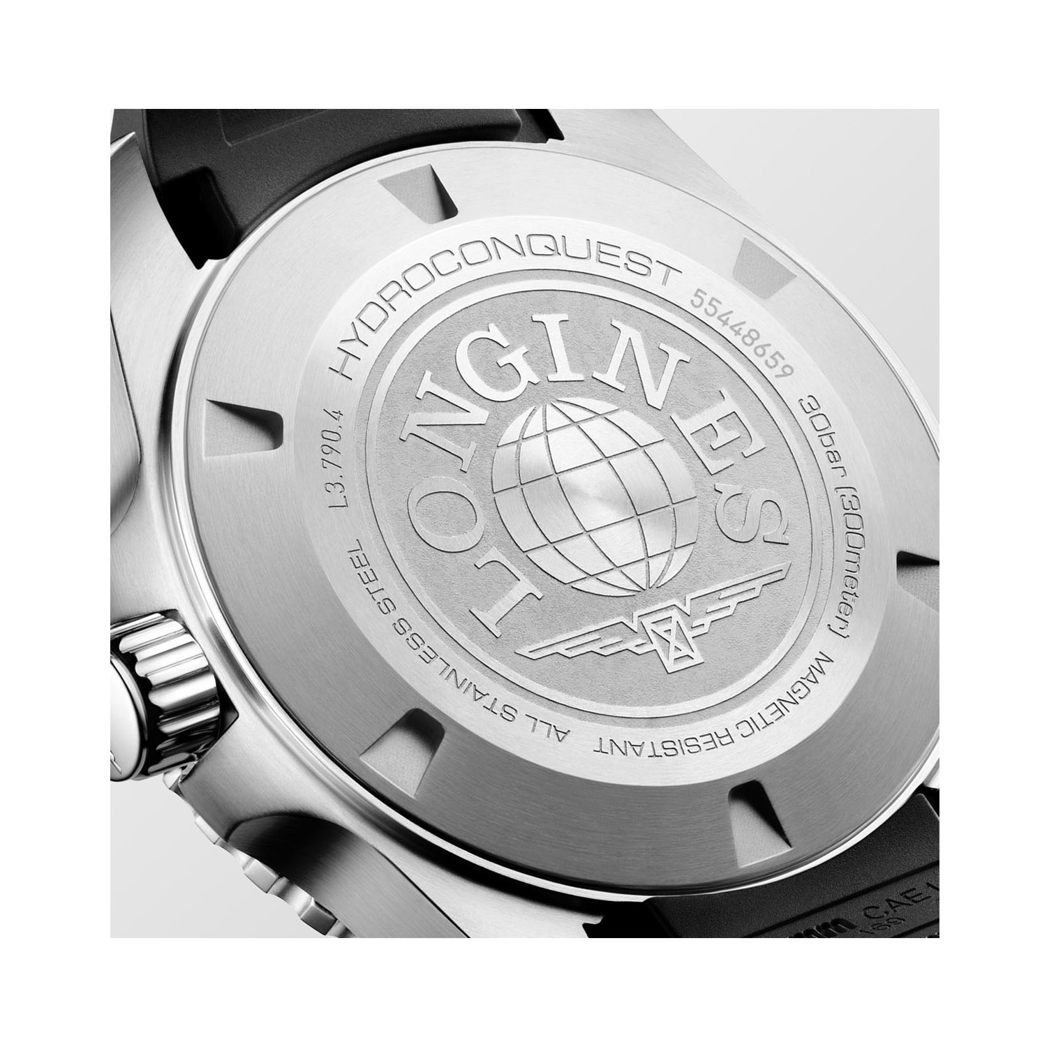 Longines, HydroConquest with a 41mm stainless steel case and a black rubber strap featuring a date function and a black dial with black bezel.