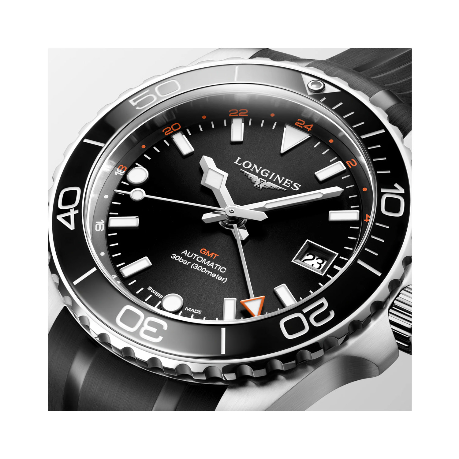 Longines, HydroConquest with a 41mm stainless steel case and a black rubber strap featuring a date function and a black dial with black bezel.