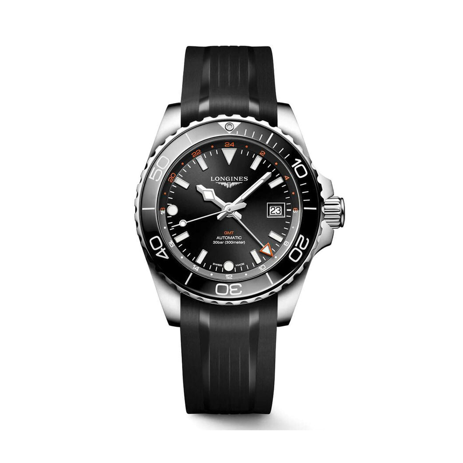 Longines, HydroConquest with a 41mm stainless steel case and a black rubber strap featuring a date function and a black dial with black bezel.