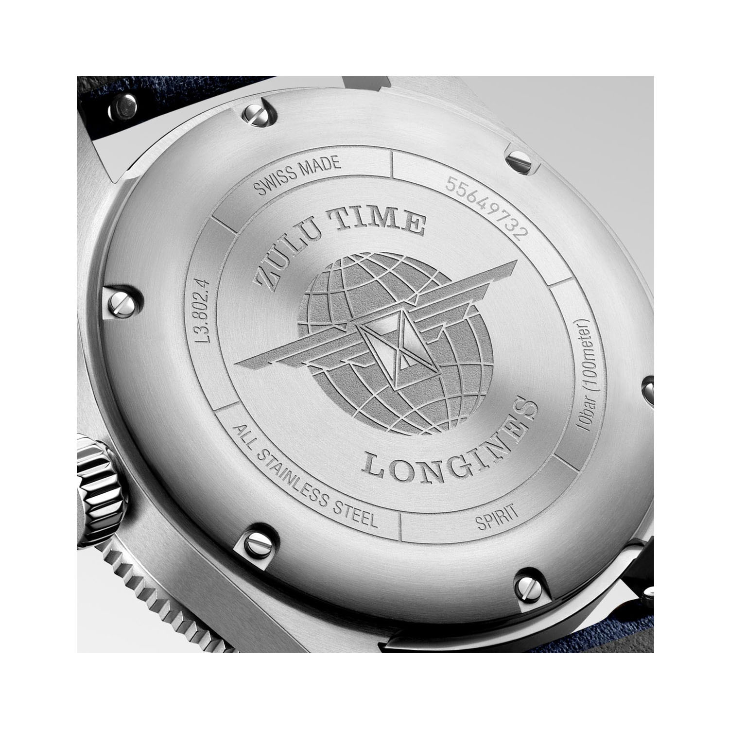 Longines, Spirit Zulu Time with a 39mm stainless steel case and blue leather strap featuring a date function and a blue dial and ceramic bezel.