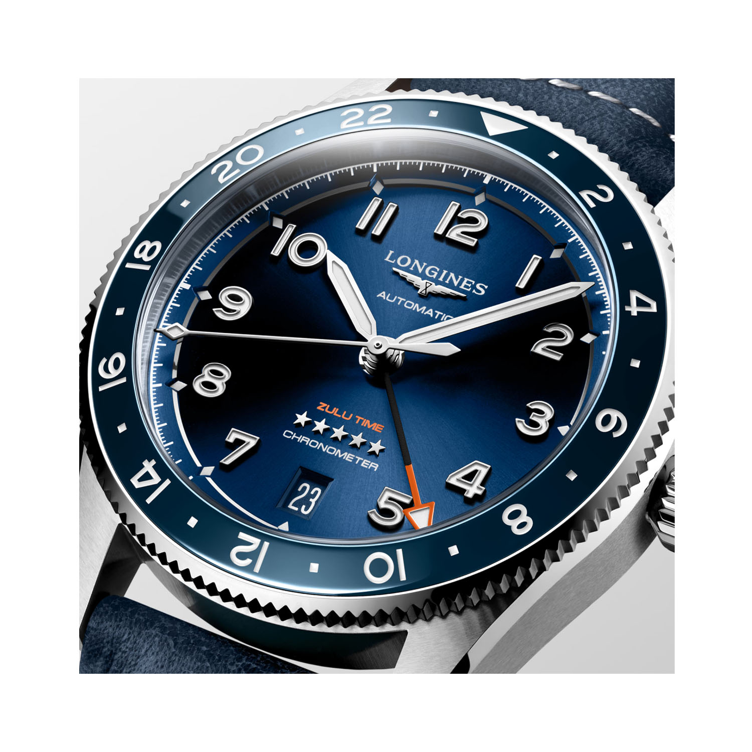 Longines, Spirit Zulu Time with a 39mm stainless steel case and blue leather strap featuring a date function and a blue dial and ceramic bezel.