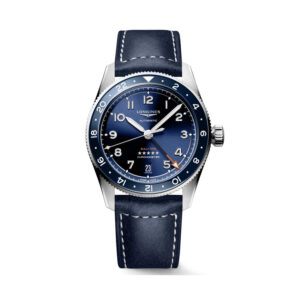 Longines, Spirit Zulu Time with a 39mm stainless steel case and blue leather strap featuring a date function and a blue dial and ceramic bezel.