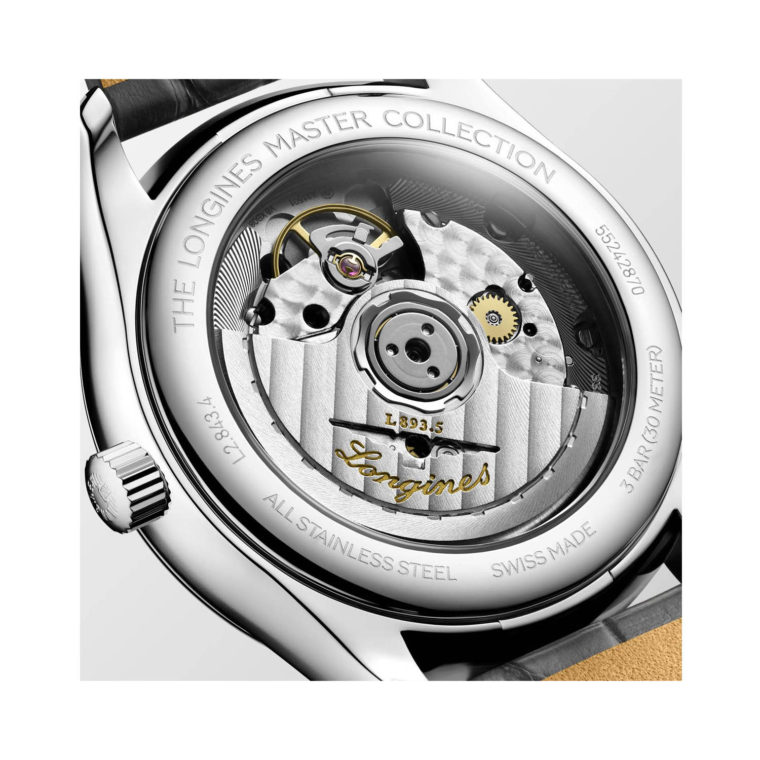 Longines, Master Collection with a 38.5mm stainless steel case and a grey leather strap featuring a small seconds hand and a silver dial.