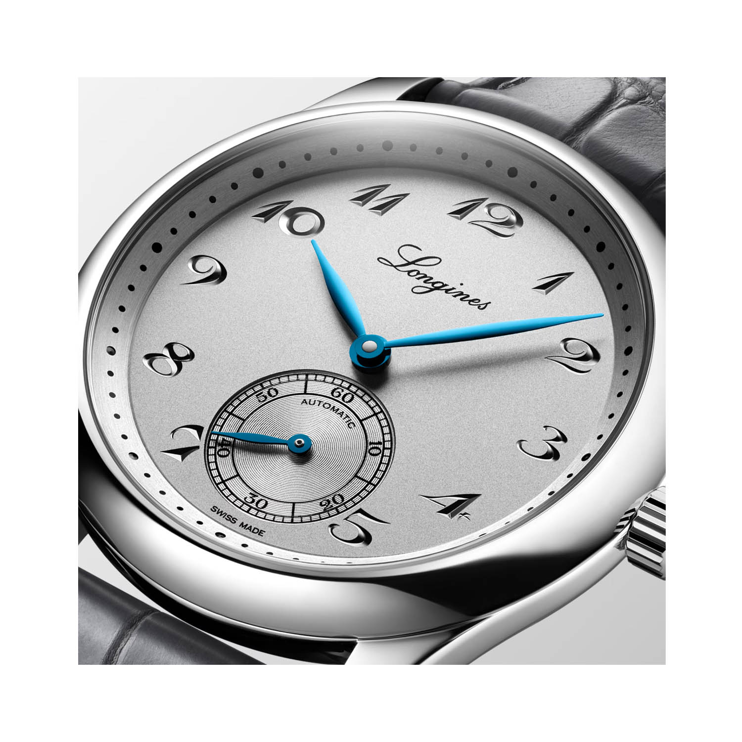 Longines, Master Collection with a 38.5mm stainless steel case and a grey leather strap featuring a small seconds hand and a silver dial.