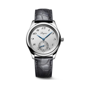 Longines, Master Collection with a 38.5mm stainless steel case and a grey leather strap featuring a small seconds hand and a silver dial.