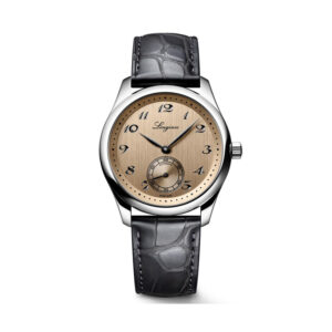 Longines, Master Collection with 38.5mm stainless steel case and a grey leather strap featuring a small seconds hand and a salmon coloured dial.