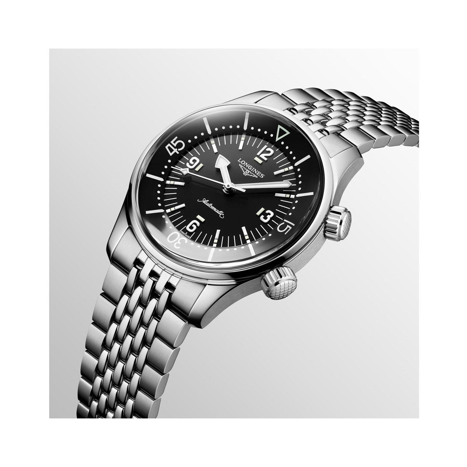 Longines, Legend Diver Black, Automatic Men's Watch Longines, Legend Diver with a 39mm stainless steel case and bracelet strap featuring a black dial.