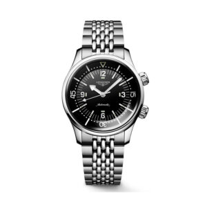 Longines, Legend Diver with a 39mm stainless steel case and bracelet strap featuring a black dial.