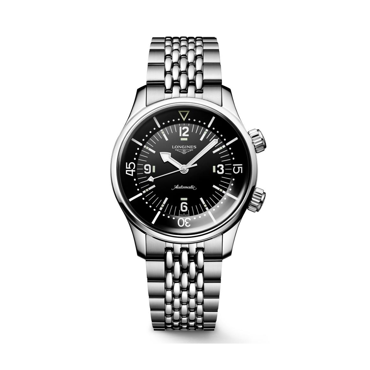 Longines, Legend Diver Black, Automatic Men's Watch Longines, Legend Diver with a 39mm stainless steel case and bracelet strap featuring a black dial.