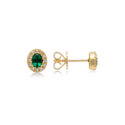 A pair of 18ct yellow gold oval shaped emerald and diamond set cluster stud earrings, for pierced ears.