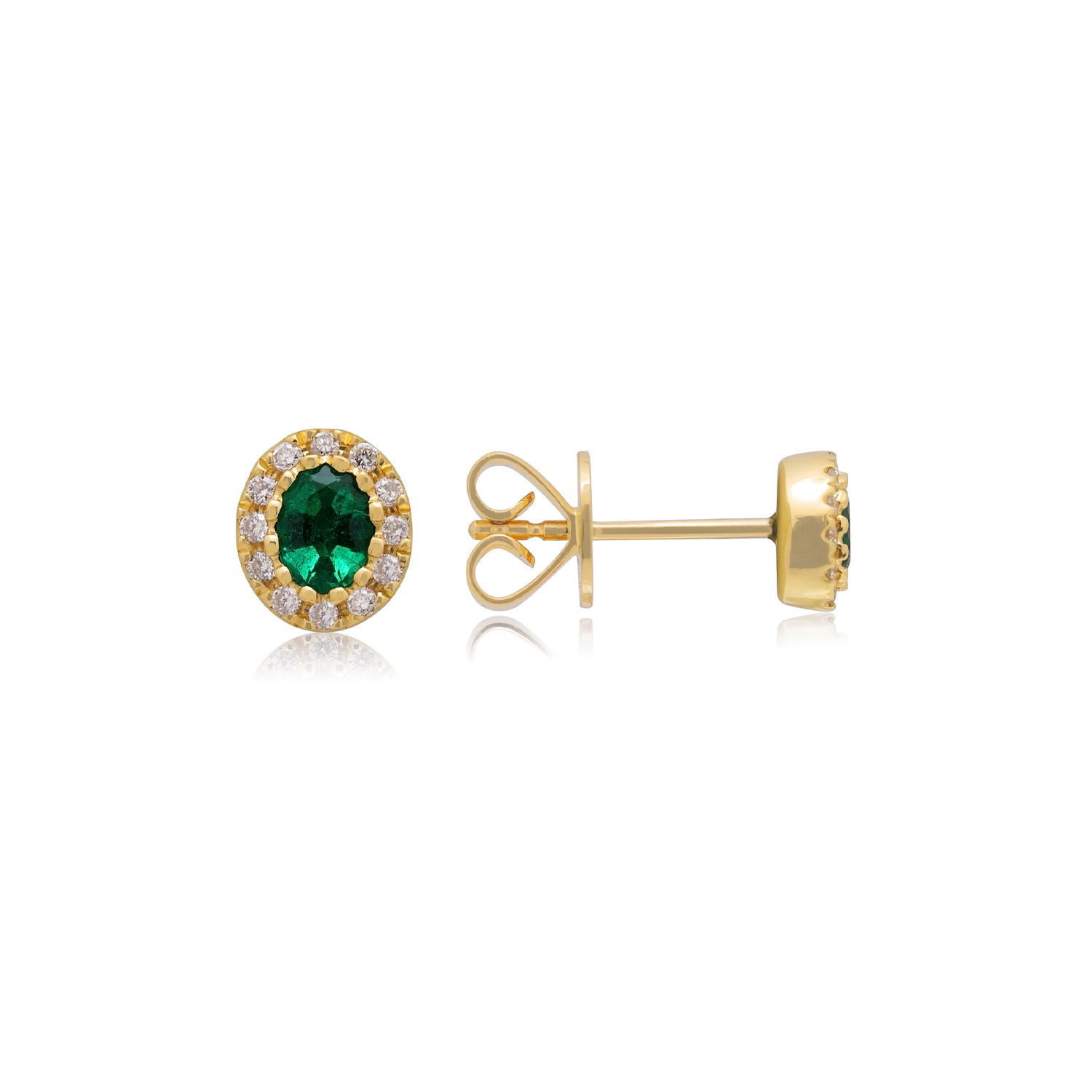 A pair of 18ct yellow gold oval shaped emerald and diamond set cluster stud earrings, for pierced ears.