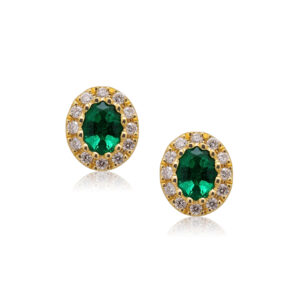 A pair of 18ct yellow gold oval shaped emerald and diamond set cluster stud earrings, for pierced ears.