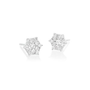 A pair of 18ct white gold hexagonal flower cluster stud earrings containing 13 diamonds, for pierced ears.