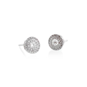 A pair of 18ct white gold circular diamond cluster stud earrings, for pierced ears.