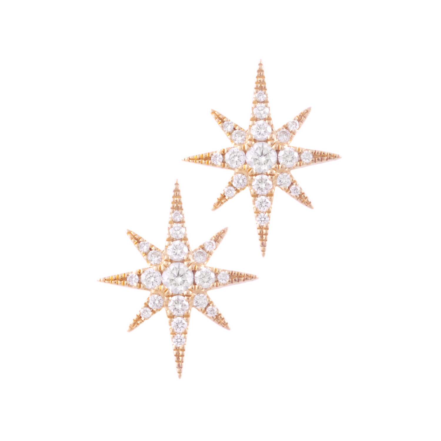 A pair of 18ct yellow gold round brilliant cut diamond star stud earrings, for pierced ears, featuring 19 diamonds on each earring.