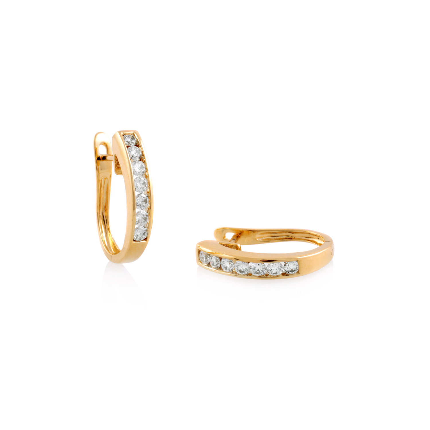 A pair of 18ct yellow gold half hoop earrings with brilliant cut diamonds, for pierced ears.