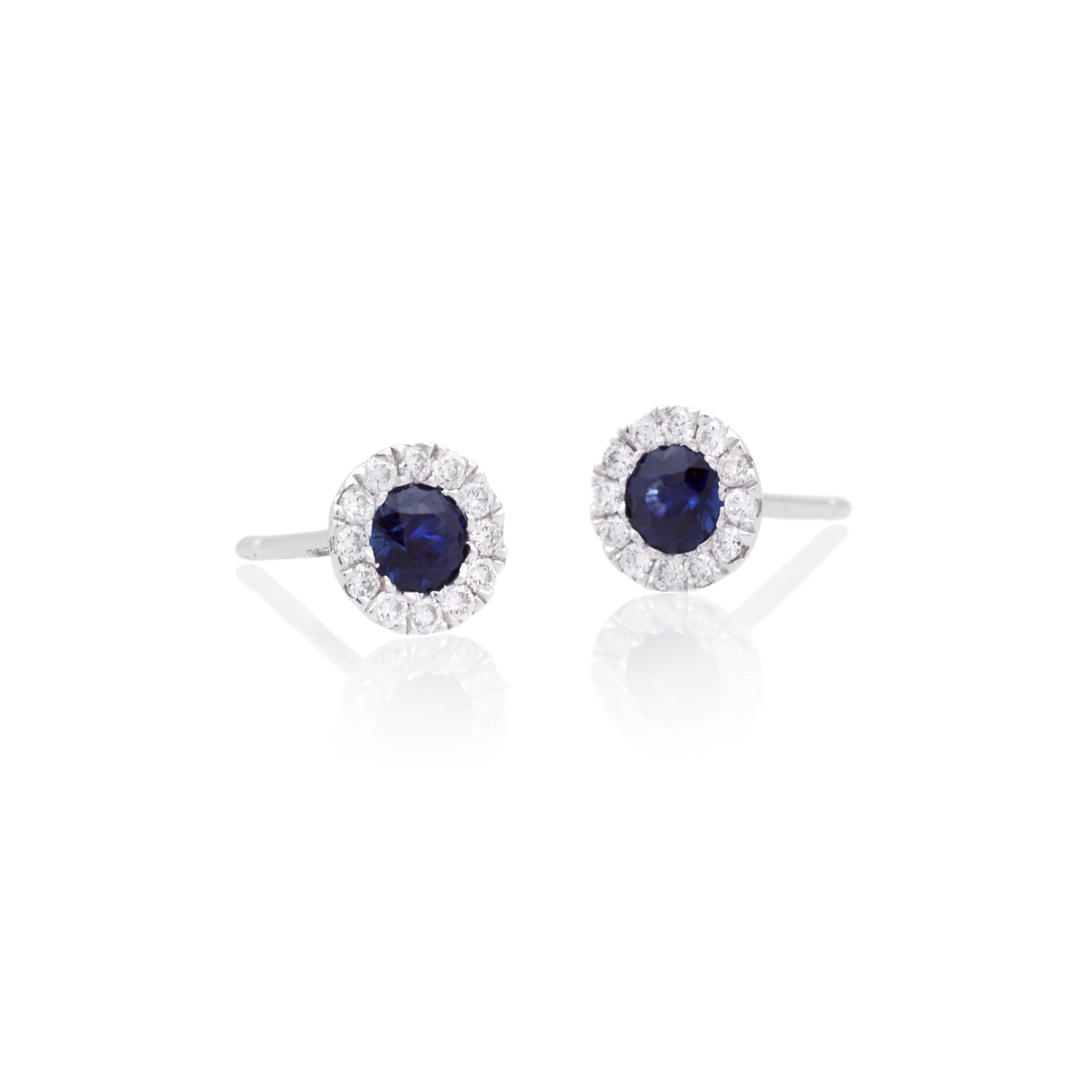 A pair of 18ct white gold round sapphire and diamond set cluster stud earrings, for pierced ears.