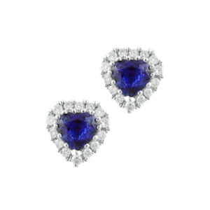 A pair of 18ct white gold heart shaped sapphire and round brilliant cut diamond cluster stud earrings, for pierced ears.