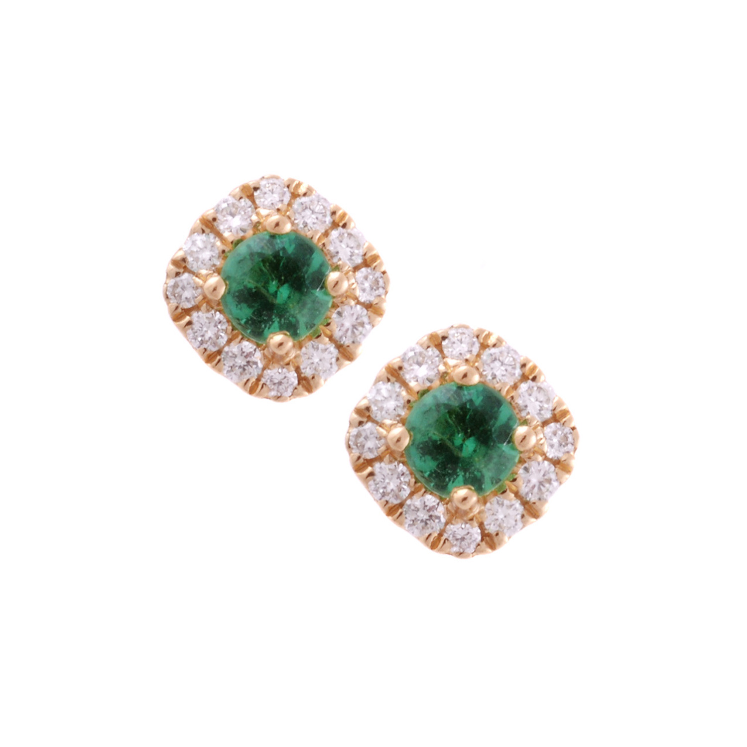 A pair of 18ct yellow gold round emerald and round brilliant cut diamond cushion shaped cluster stud earrings, for pierced ears.