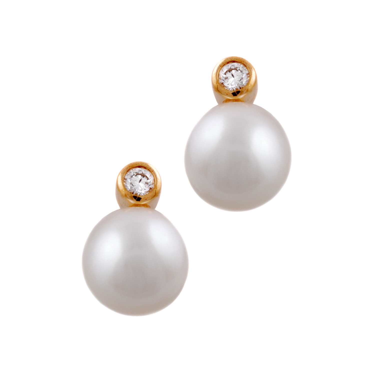 A pair of 9ct yellow gold pearl and diamond drop earrings with post and butterfly clip fastenings, for pierced ears.