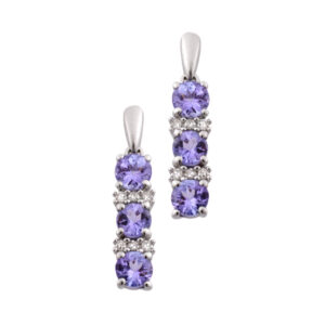 A pair of 9ct white gold three stone tanzanite and diamond set drop earrings with post and butterfly clip fastenings, for pierced ears.