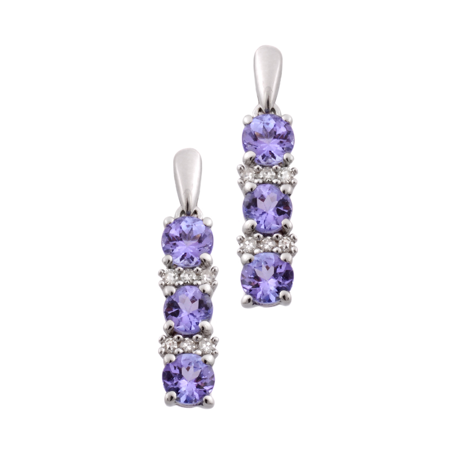 A pair of 9ct white gold three stone tanzanite and diamond set drop earrings with post and butterfly clip fastenings, for pierced ears.