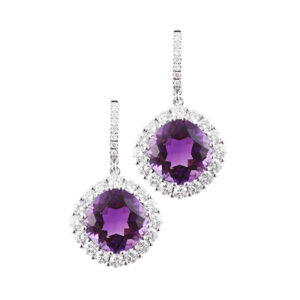 A pair of 18ct white gold, amethyst and diamond set cluster drop earrings, for pierced ears.