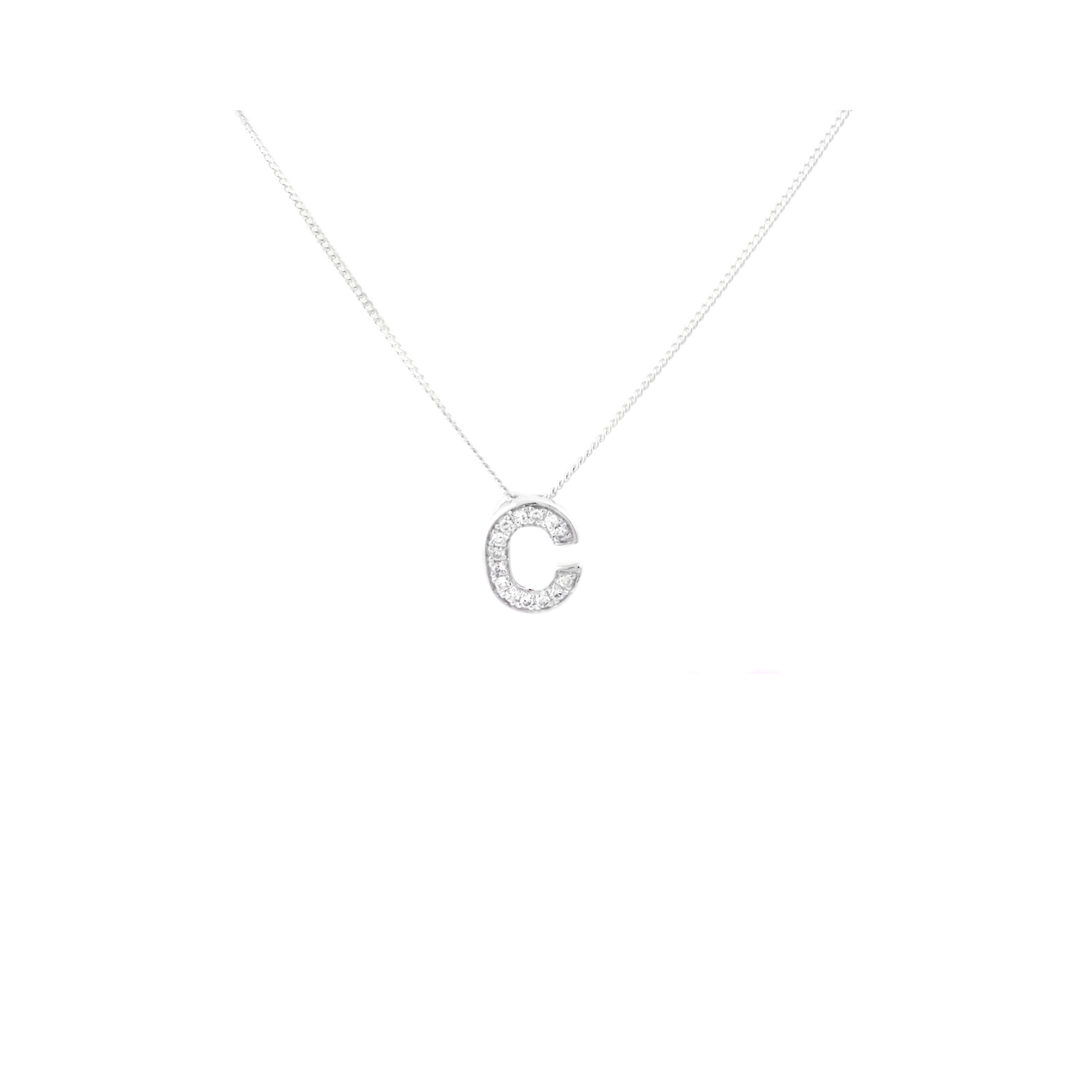 A 9ct white gold, 14 stone diamond initial 'C' pendant only, chain sold separately.
