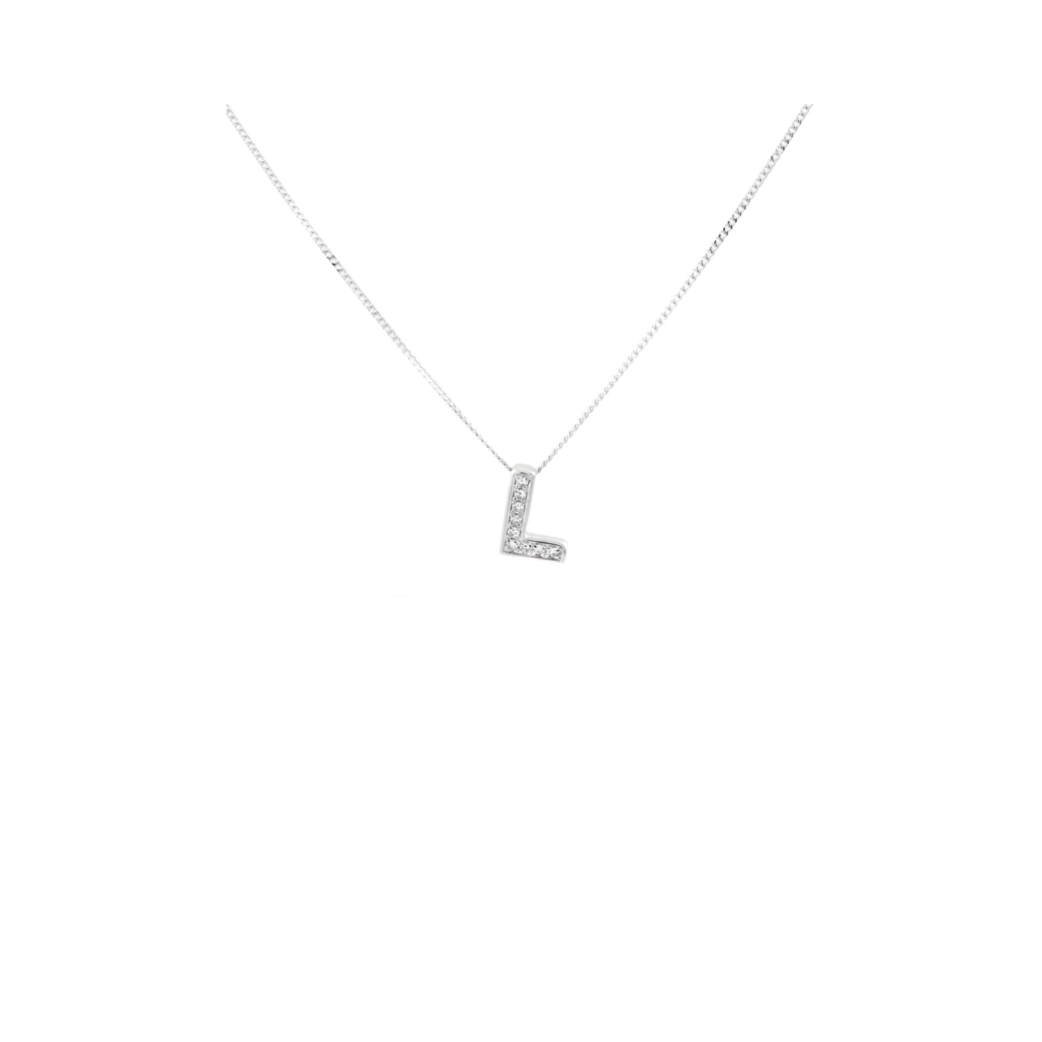 A 9ct white gold, 9 stone diamond initial ‘L’ pendant only, chain sold separately.