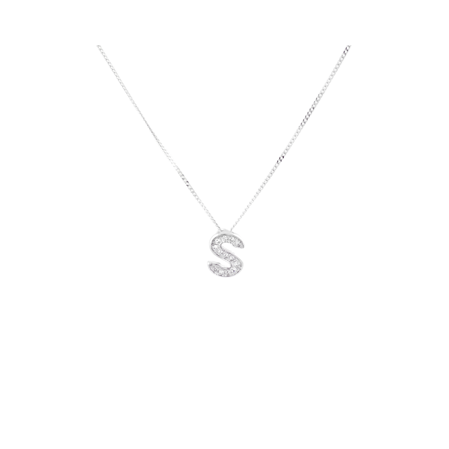 9ct White Gold Diamond 'S' Pendant A 9ct white gold, 13 stone diamond initial ‘S’ pendant only, chain sold separately.