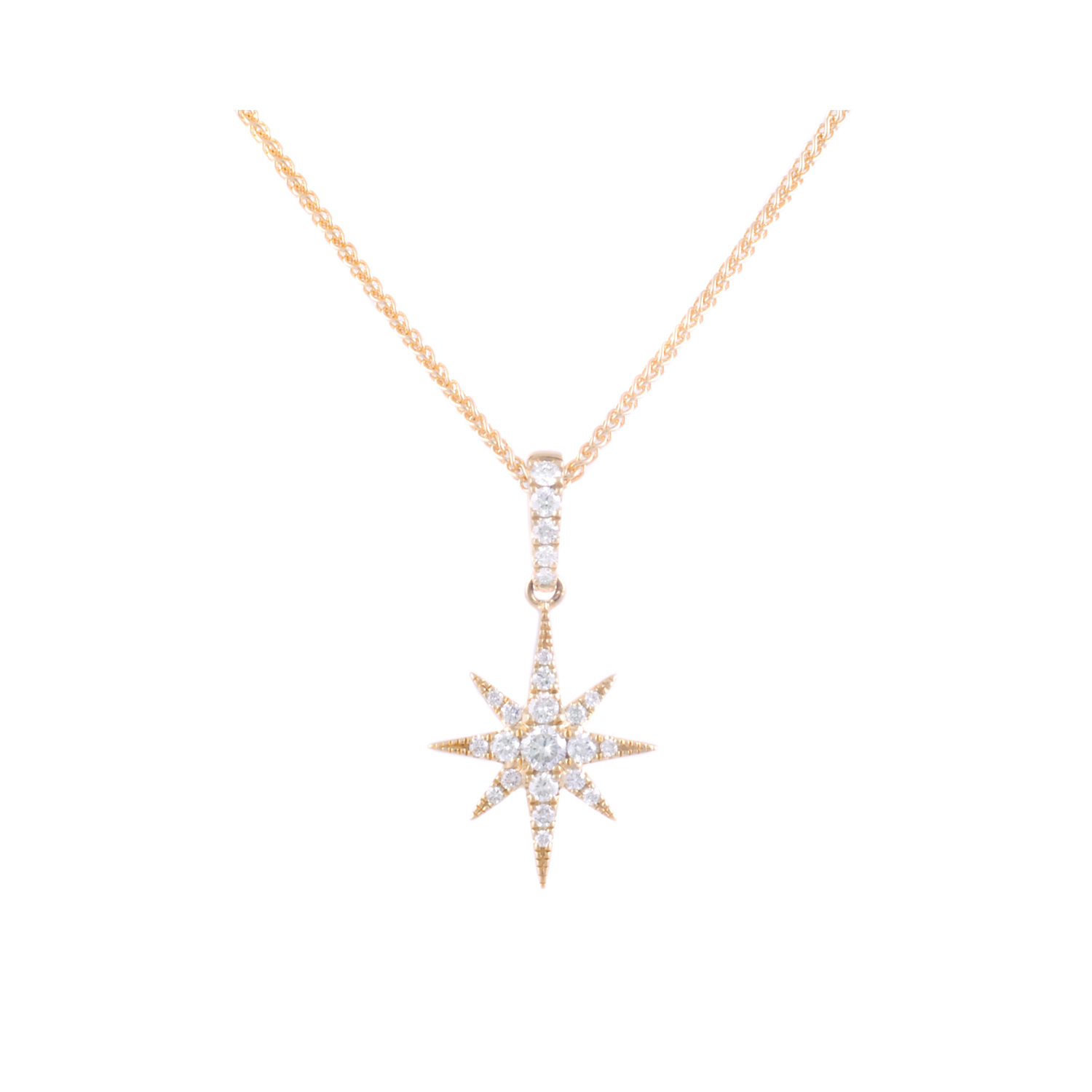 An 18ct yellow gold brilliant cut diamond set star pendant on a chain, featuring 24 diamonds.