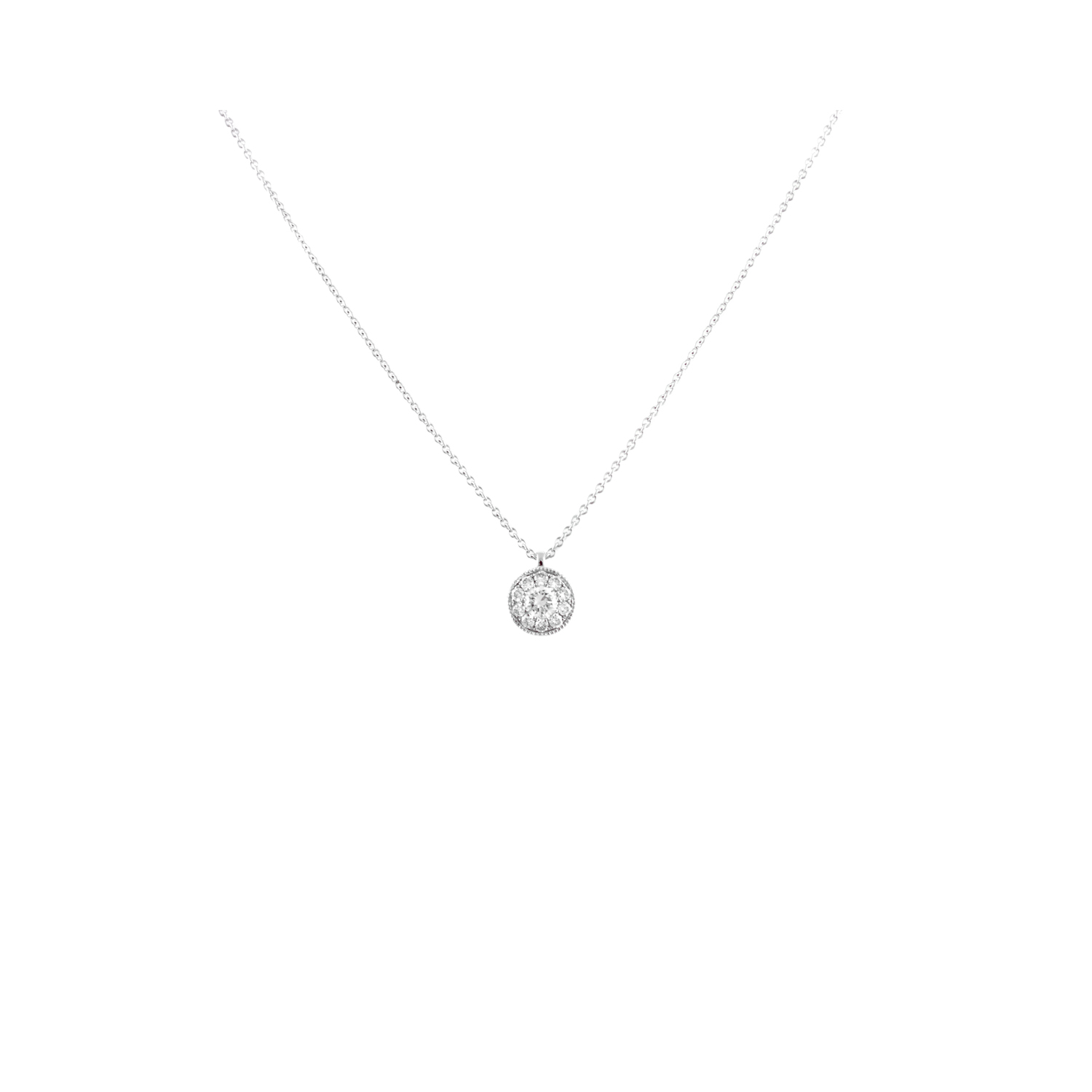 An 18ct white gold circular diamond set cluster pendant and chain.