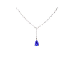 An 18ct white gold drop necklace set with a single pear cut tanzanite and 32 round brilliant cut diamonds.