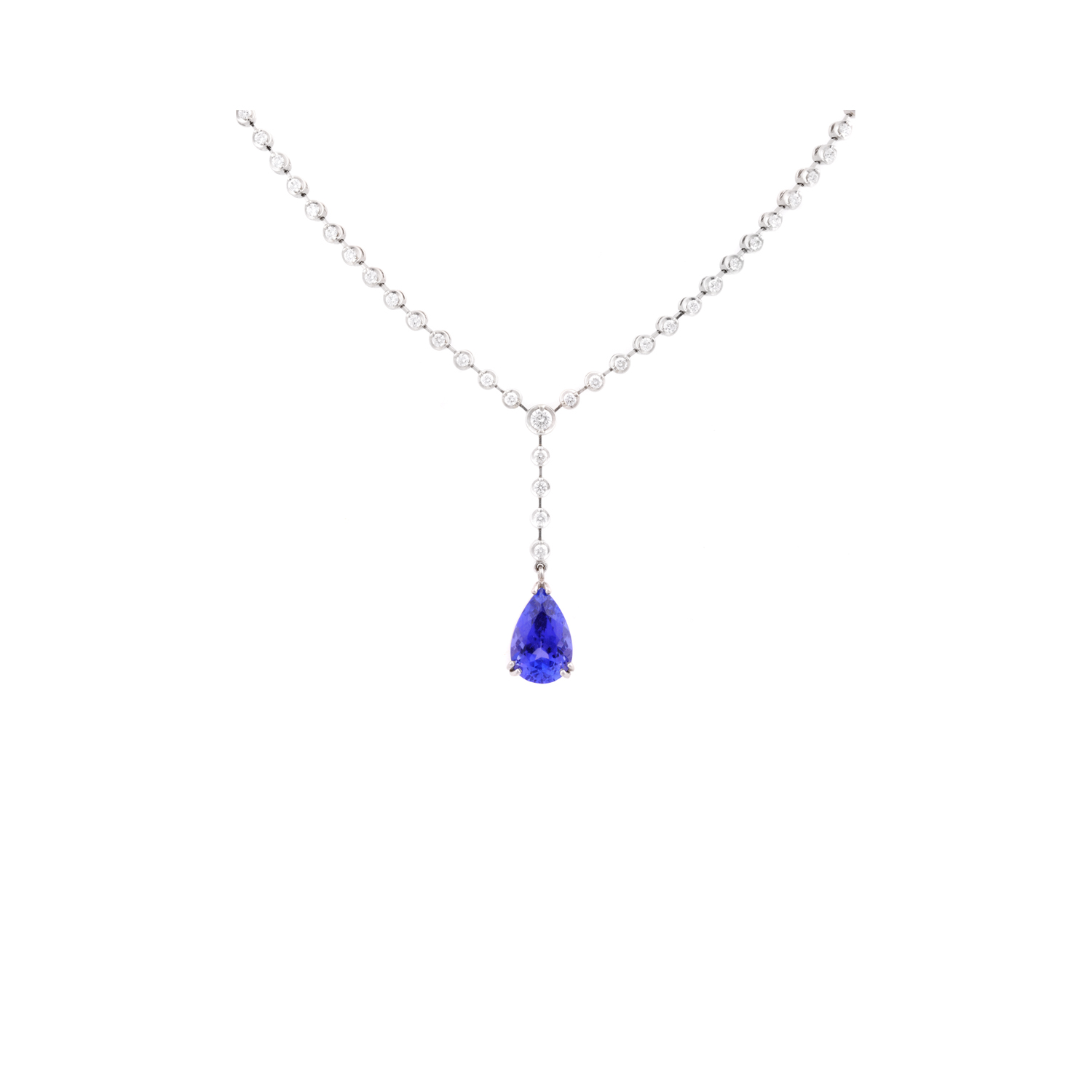 18ct White Gold Tanzanite & Brilliant Cut Diamond Drop Necklace An 18ct white gold drop necklace set with a single pear cut tanzanite and 32 round brilliant cut diamonds.