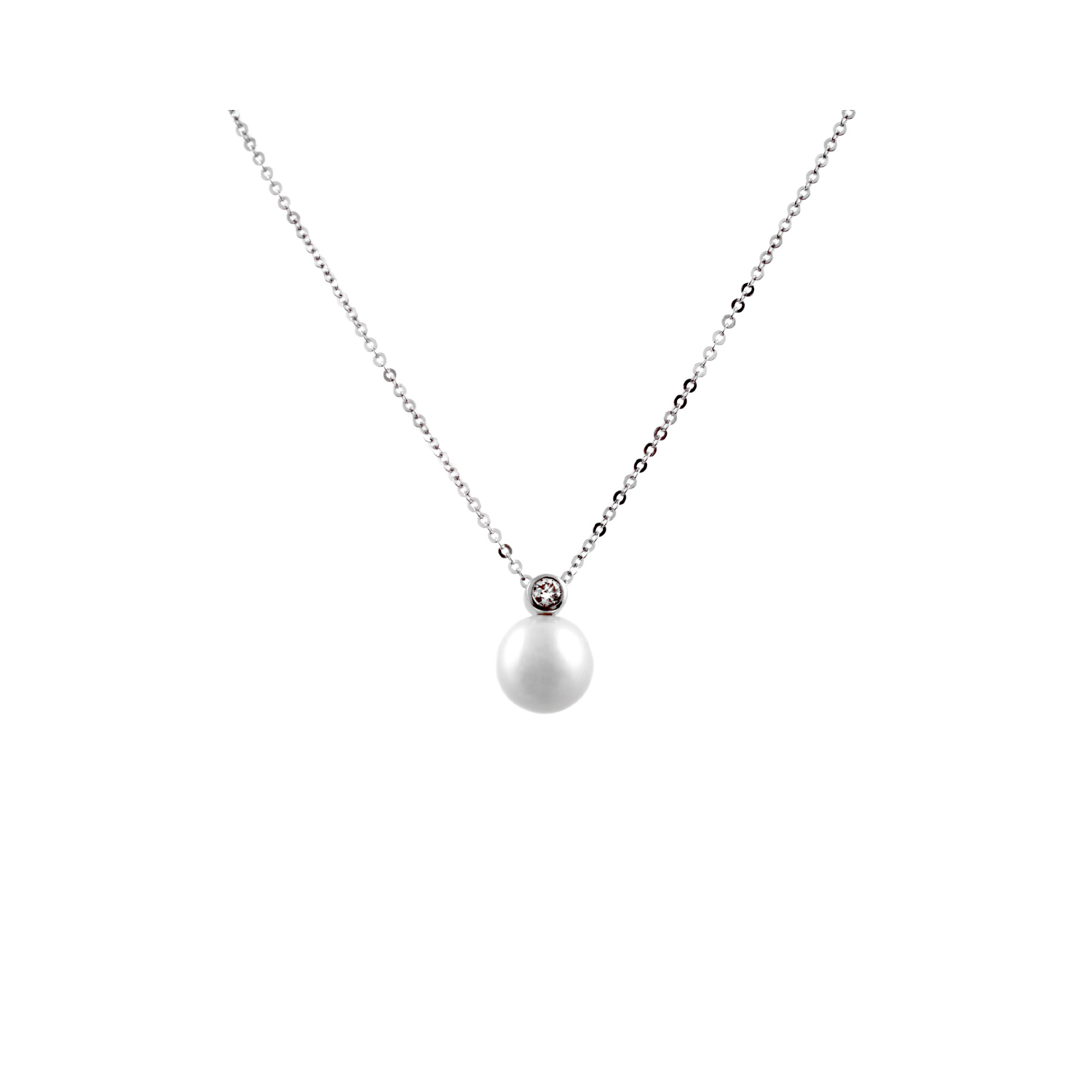 A 9ct white gold pearl and diamond pendant and chain.